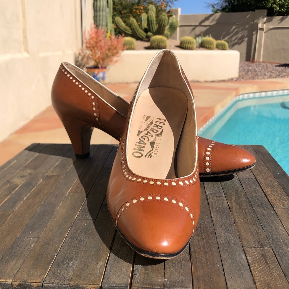 Ferragamo Brown w/ Cream Dots Pumps Sz. 8.5 AA